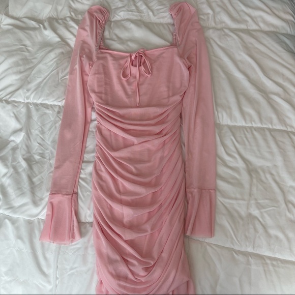 PINK SHEER LONG SLEEVE BODYCON DRESS - Picture 3 of 6